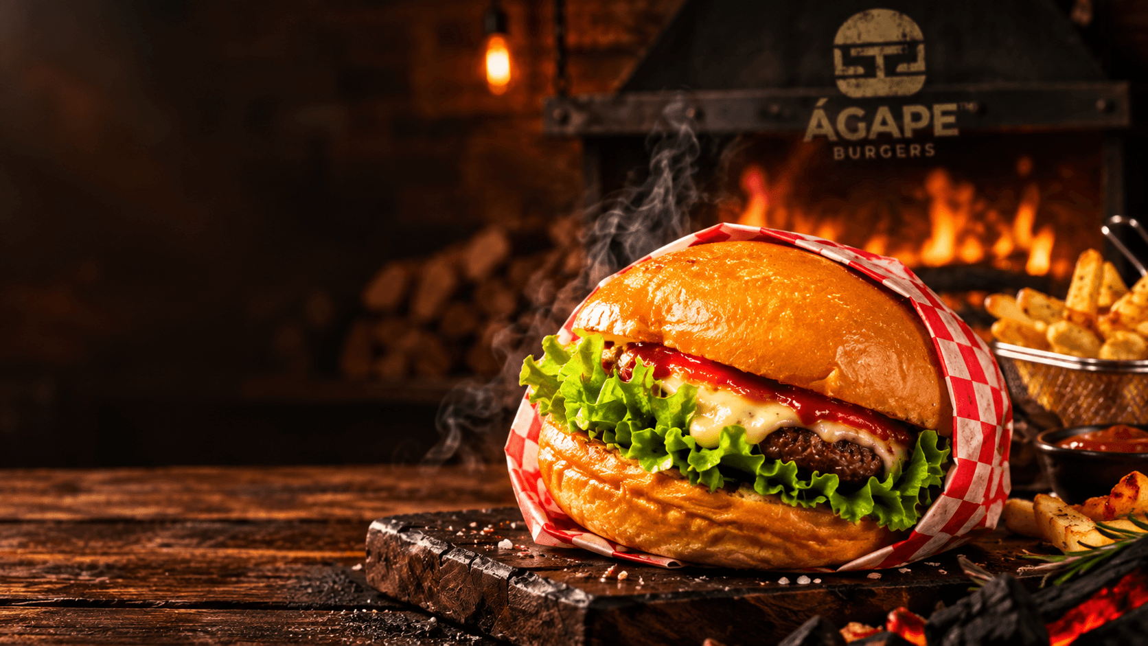 Hamburguesa Ágape al carbón con pan artesanal