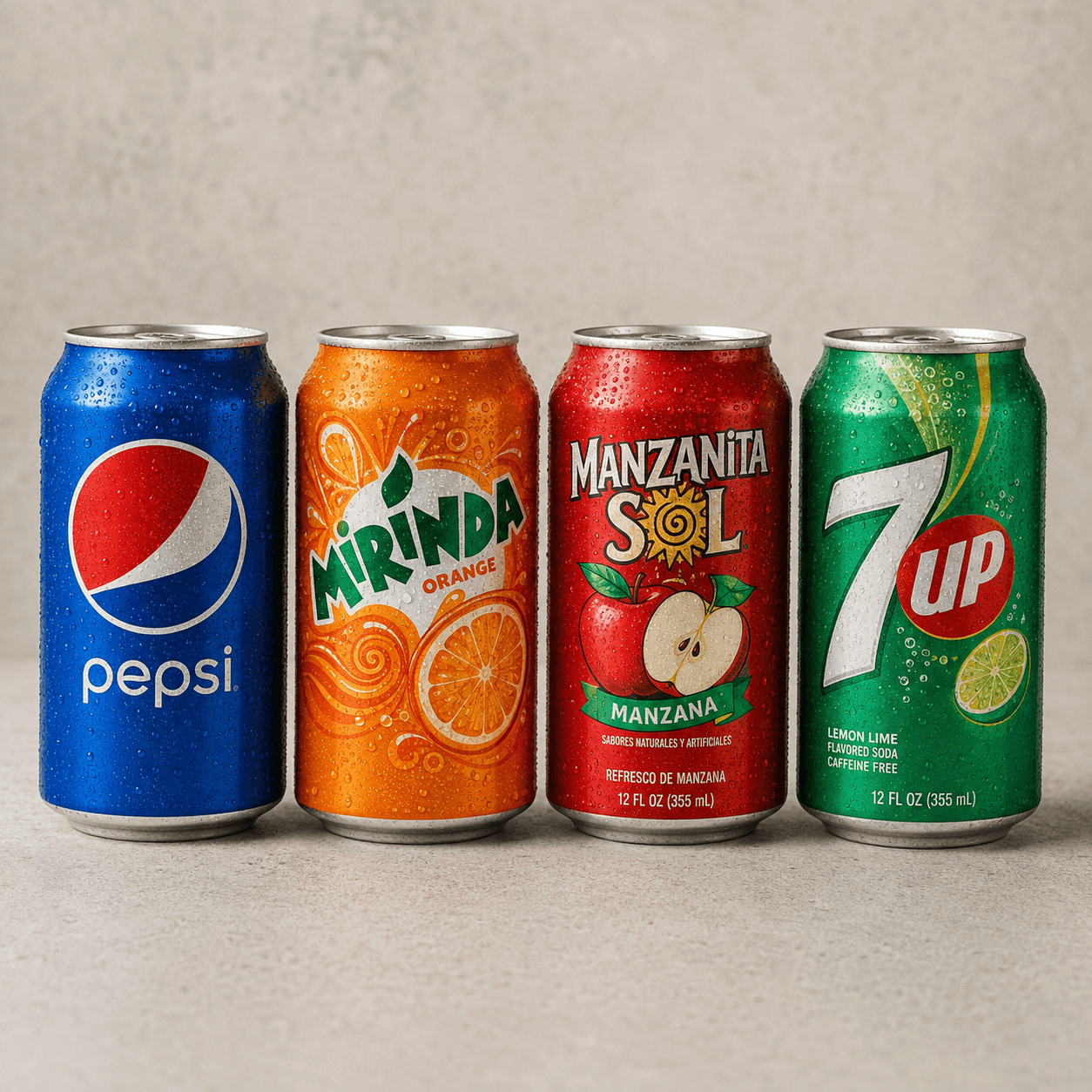 Latas de Pepsi, Mirinda, Manzanita Sol y 7UP